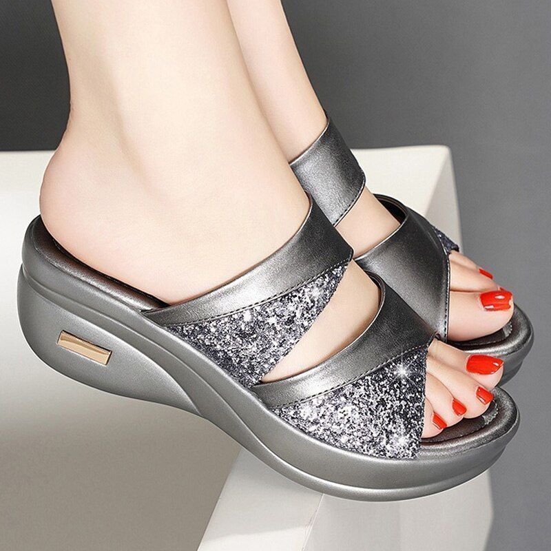 New Summer Glitter PU Wedge Platform Comfortable Sandals For Women