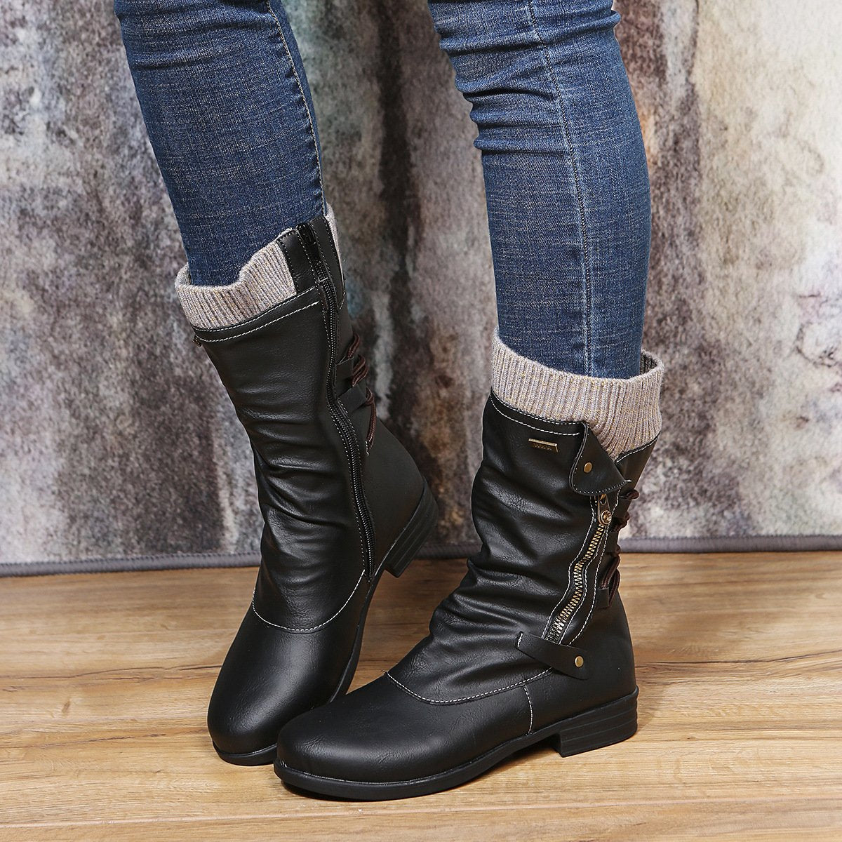 Women pain relief side zipper mid calf boots