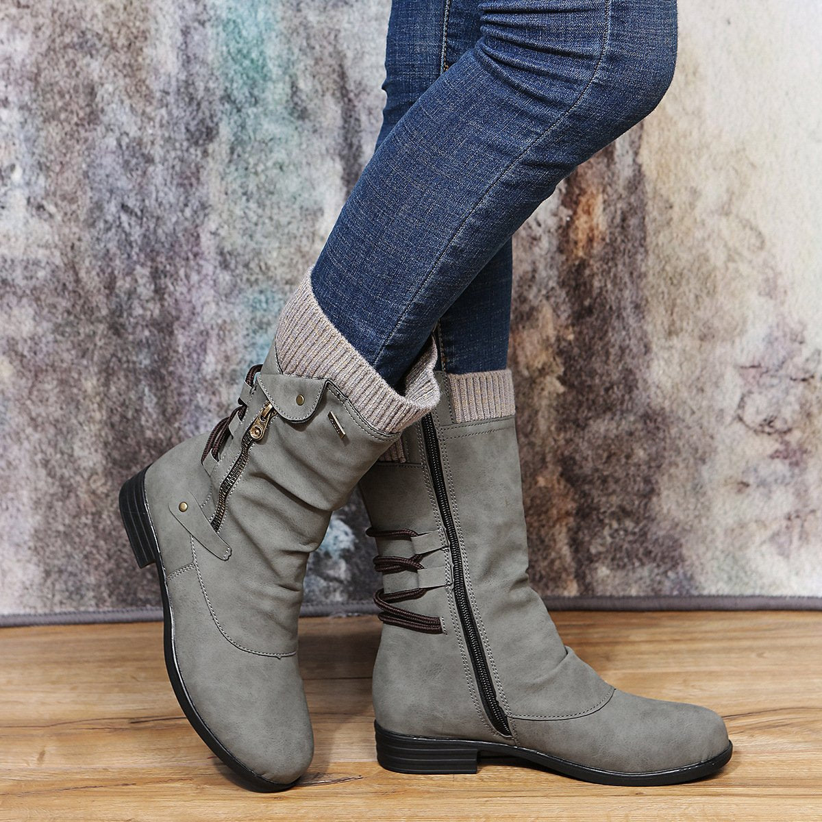 Women pain relief side zipper mid calf boots