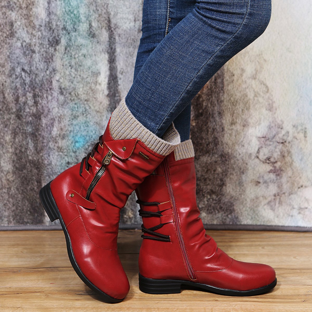 Women pain relief side zipper mid calf boots